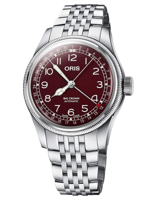 Oris Oris Big Crown Pointer Date 01 754 7741 4068-07 8 20 22  01 754 7741 4068-07 8 20 22 механические мужские часы красный циферблат, браслет нержавеющая сталь — вид спереди